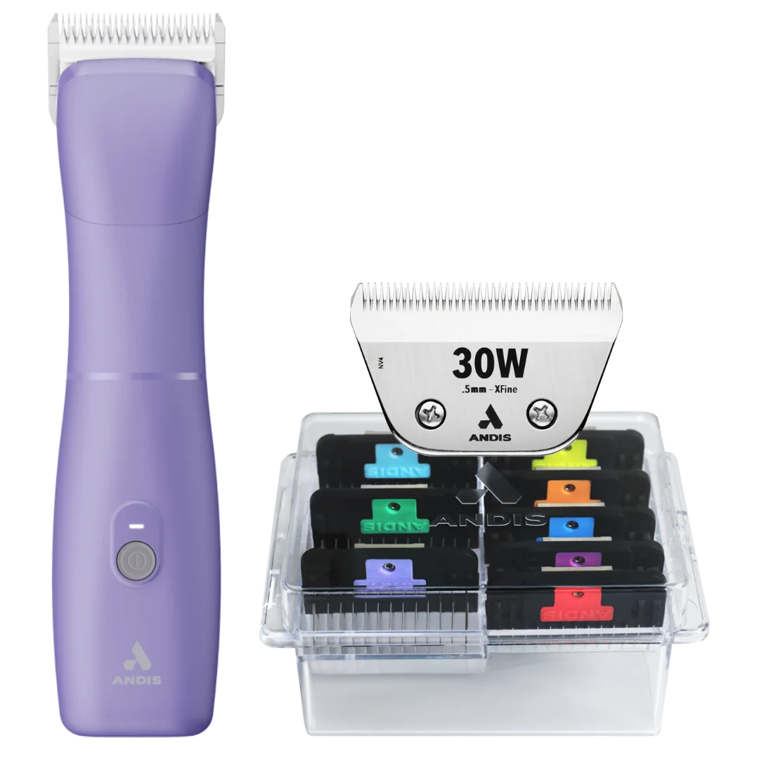 andis-emerge-clipper-purple-with-30w-blade-and-8pc-wide-comb-attachment-bundle